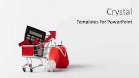  Presentation with consumerism - Presentation design consisting of miniature-shopping-cart-trolley-piggy background and a white colored foreground