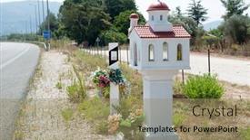  Presentation with roof - Cool new PPT theme with miniature-shrine-with-red-roof backdrop and a coral colored foreground