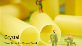  Presentation with work - Theme featuring miniature worker at work miniature background and a yellow colored foreground