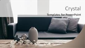  Presentation with minimalistic - Presentation theme enhanced with minimalistic home decor on rustic coffee table over black sofa with cushions grey vases and spring flowers on wooden bench in small dark room interior scandinavian home style background and a white colored foreground