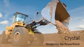  Presentation with wheel loader - Slide deck featuring mining - wheel loader machine unloading sand background and a coral colored foreground