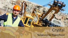  Presentation with excavator - PPT layouts enhanced with mining - worker in front of heavy background and a gold colored foreground