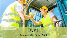  Presentation with machinery - PPT theme enhanced with mining helmet - two asian workers in protective background and a yellow colored foreground