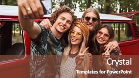  Presentation with vintage women - Beautiful presentation theme featuring minivans - group of excited hipsters men backdrop and a  colored foreground