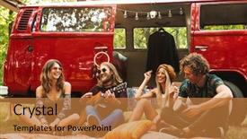  Presentation with vintage women - PPT theme having minivans - group of friends hippies men background and a gold colored foreground