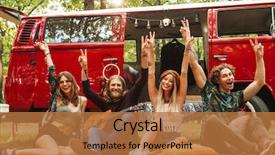  Presentation with vintage women - Audience pleasing slides consisting of minivans - group of friends hippies men backdrop and a coral colored foreground