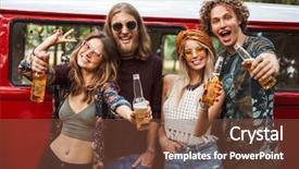  Presentation with beer women - PPT theme featuring minivans - group of happy hipsters men background and a  colored foreground