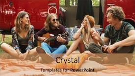  Presentation with vintage women - Theme consisting of minivans - group of joyous friends hipsters background and a coral colored foreground