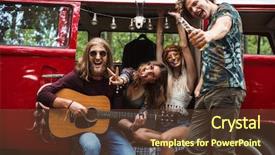  Presentation with vintage women - Amazing PPT theme having minivans - group of joyous hippies happy backdrop and a tawny brown colored foreground