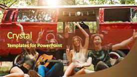  Presentation with vintage women - Theme featuring minivans - group of young hippies men background and a tawny brown colored foreground