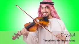  Presentation with arab music - Audience pleasing presentation design consisting of minstrel - arab man playing music backdrop and a coral colored foreground