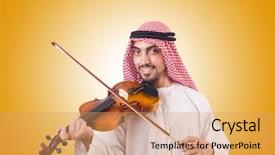  Presentation with arab music - Audience pleasing slide deck consisting of minstrel - arab man playing music backdrop and a coral colored foreground