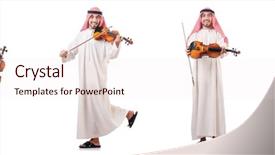  Presentation with arab - Slide deck enhanced with minstrel - arab man playing violin isolated background and a  colored foreground
