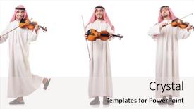  Presentation with arabic music arab man playing - Cool new PPT theme with minstrel - arab man playing violin isolated backdrop and a sky blue colored foreground