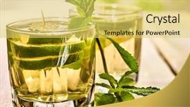  Presentation with green life - PPT layouts enhanced with alcohol drink on wooden boards are two glasses with alcohol green transparent drink a drink number seventeen mojito cocktail with lime and mint leaf country life light background background and a yellow colored foreground