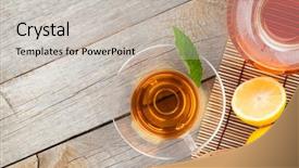  Presentation with green tea - Cool new PPT theme with mint on wooden table backdrop and a light gray colored foreground