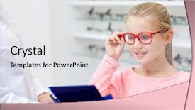  Presentation with mirror - Presentation theme featuring mirror frame - optician and girl choosing glasses background and a light gray colored foreground