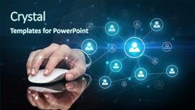  Presentation with wireless network - PPT theme consisting of mirror link - hand using wireless mouse background and a  colored foreground