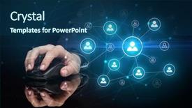  Presentation with wireless network - PPT theme consisting of mirror link - hand using wireless mouse background and a  colored foreground