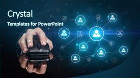  Presentation with wireless network - Slides consisting of mirror link - hand using wireless mouse background and a  colored foreground