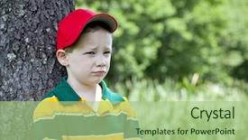  Presentation with upset - PPT theme with miserable children - slightly upset young boy leaning background and a mint green colored foreground