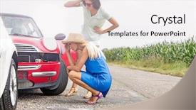  Presentation with cars - Beautiful slide set featuring misfortune - tensed women looking at damaged backdrop and a sky blue colored foreground