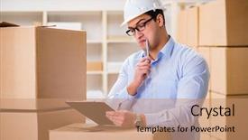  Presentation with box - Presentation design consisting of missing - man working in box delivery background and a  colored foreground