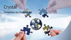  Presentation with website building 3d crossword puzzle cubes - Colorful theme enhanced with missing piece - business concept with a hand backdrop and a light blue colored foreground