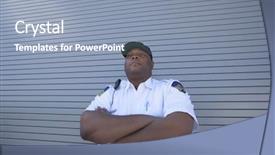  Presentation with security guard - PPT theme featuring mission control - security guard standing with arms background and a light blue colored foreground