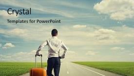  Presentation with road trip - Slide set having mission trip - businessman with bag standing background and a light gray colored foreground