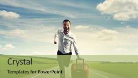  Presentation with suitcase - PPT layouts having mission trip - happy businessman running with suitcase background and a mint green colored foreground