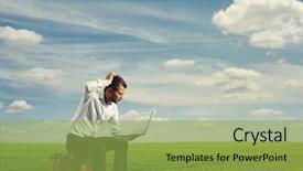  Presentation with green - Slides with mission trip - pensive businessman working with laptop background and a yellow colored foreground