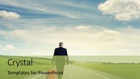  Presentation with granddaughter walking senior - Beautiful PPT layouts featuring mission trip - senior man holding suitcase backdrop and a yellow colored foreground