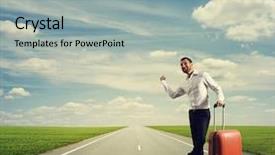  Presentation with hiking - Cool new slide deck with mission trip - smiley young businessman hitch hiking backdrop and a light gray colored foreground