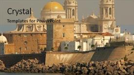  Presentation with spain - PPT theme enhanced with missionary church - cathredral in cadiz southern spain background and a coral colored foreground