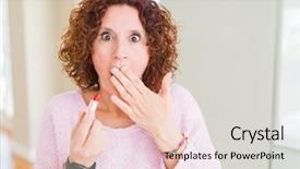  Presentation with makeup fashion model applying lipstick - Colorful presentation design enhanced with mistake expression of fear scare backdrop and a  colored foreground