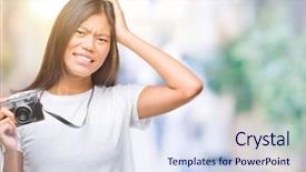  Presentation with asian - PPT theme featuring mistakes - young asian woman holding vintagera background and a sky blue colored foreground