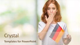  Presentation with woman covering man mouth hand - PPT layouts consisting of mistakes - young beautiful woman holding flag background and a lemonade colored foreground