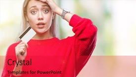  Presentation with credit card - Slide deck consisting of mistakes - young blonde woman holding credit background and a red colored foreground