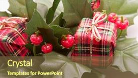  Presentation with christmas presents - Theme with mistletoe and presents christmas decoration background and a tawny brown colored foreground