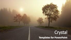 Presentation with misty - Presentation theme featuring misty sunrise on mountain autumn forest road background and a dark gray colored foreground