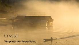  Presentation with misty - Cool new PPT theme with misty-tropical-sunset-on-lake backdrop and a yellow colored foreground