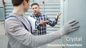  Presentation with storage - Colorful PPT theme enhanced with misunderstanding handsome young male client in casual outfit gesturing with hands and pointing inside of container while talking to storage worker backdrop and a gray colored foreground