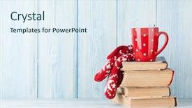  Presentation with hot chocolate - Theme enhanced with mittens over books christmas background and a sky blue colored foreground