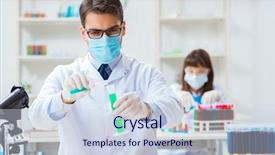  Presentation with lab - Slide deck with mix 2 liquids - two chemists working in lab background and a  colored foreground