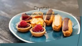  Presentation with almond - Audience pleasing slides consisting of mixed-dessert-raspberry-tartlet-eclair backdrop and a coral colored foreground
