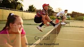  Presentation with net - Colorful slide deck enhanced with mixed-doubles-tennis-players-jump backdrop and a yellow colored foreground