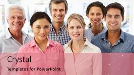  Presentation with office mix of people - Slide deck consisting of mixed group business people background and a coral colored foreground
