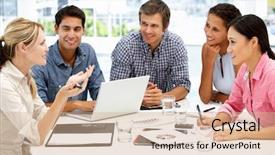  Presentation with business group meeting - Colorful slide deck enhanced with mixed group in business meeting backdrop and a soft green colored foreground