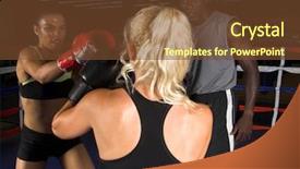  Presentation with boxing ring - PPT theme with two young women sparring in a boxing ring while their trainer looks background and a tawny brown colored foreground